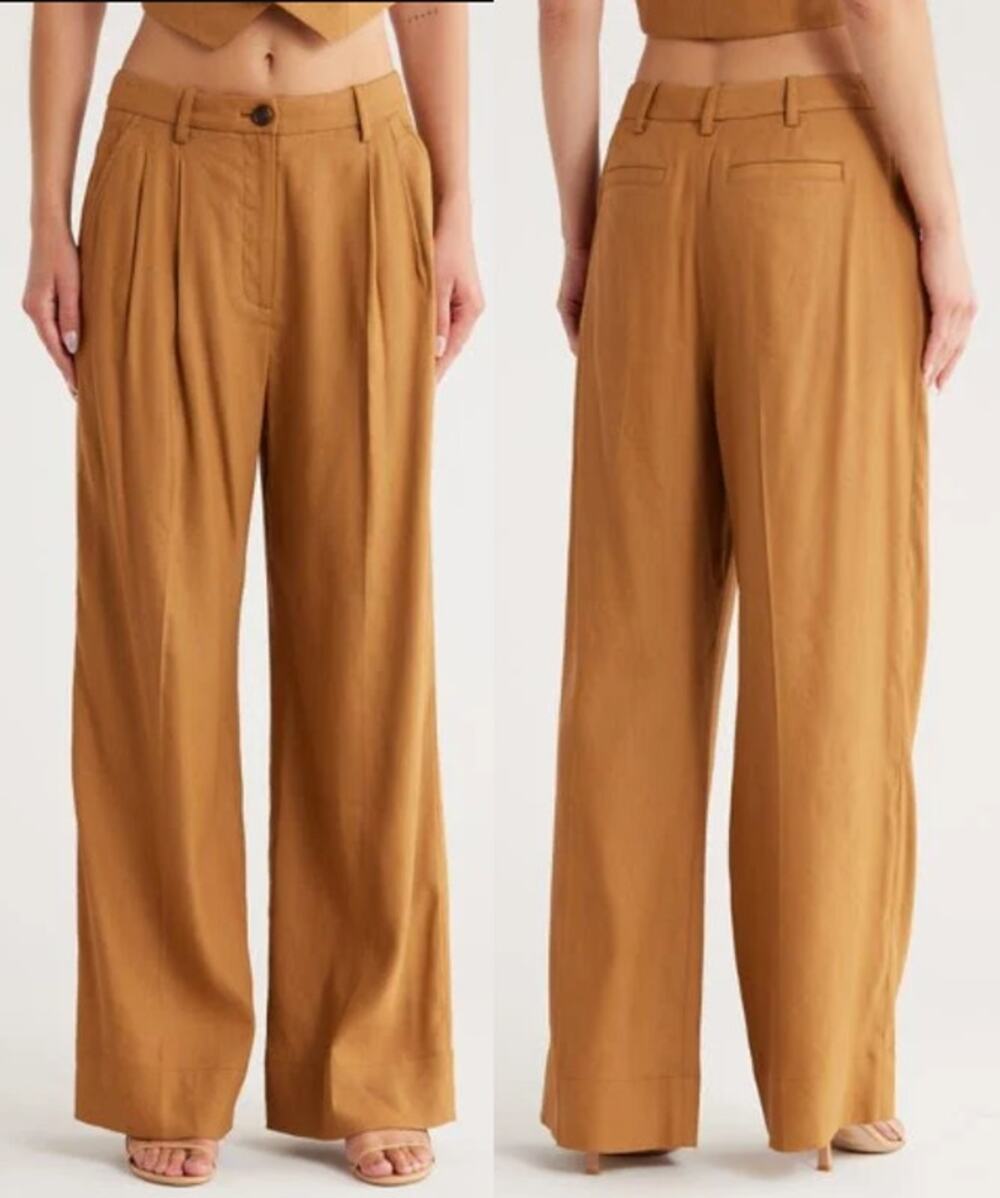 A.L.C. Tommy II Pleated Front Linen Blend Pants Natural Caramel Size 2